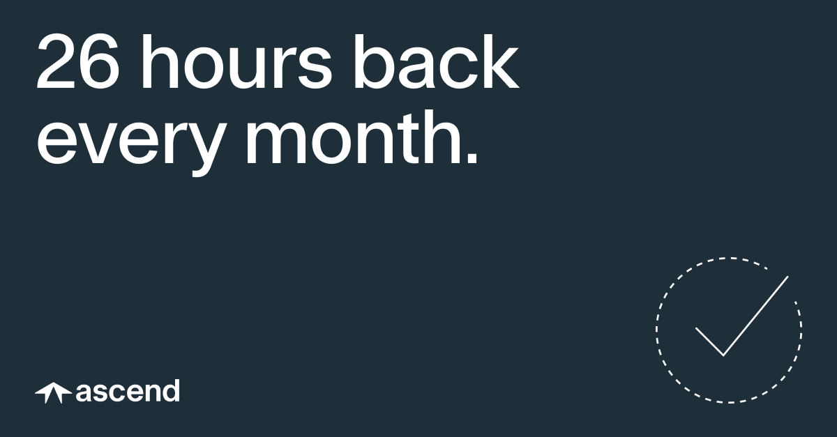 Ascend LinkedIn paid media: '26 hours back every month.' — midnight background with check motif