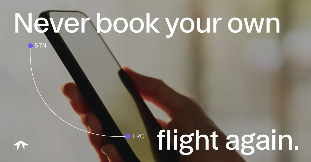 Ascend LinkedIn paid media: 'Never book your own flight again.' — flight path STN to FRC over phone photography